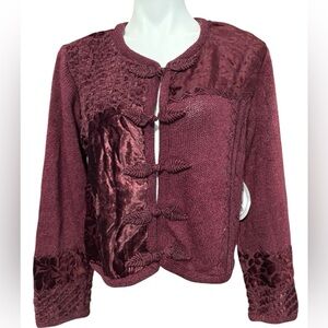 Parsley & Sage Knit Cardigan Cable Knit Burnout Velvet Mixed Media Wine Sz M